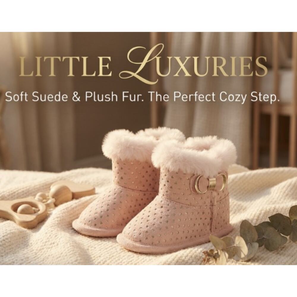 First Steps Baby Bootie Slippers Girls 3-6M Pink Fluffy Faux Fur Bow Cozy Shoes